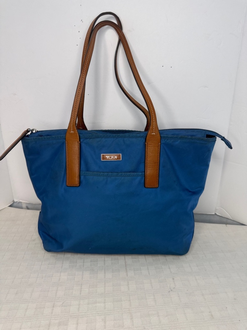 Tumi Navy Blue Nylon Tote with Brown Leather Handles